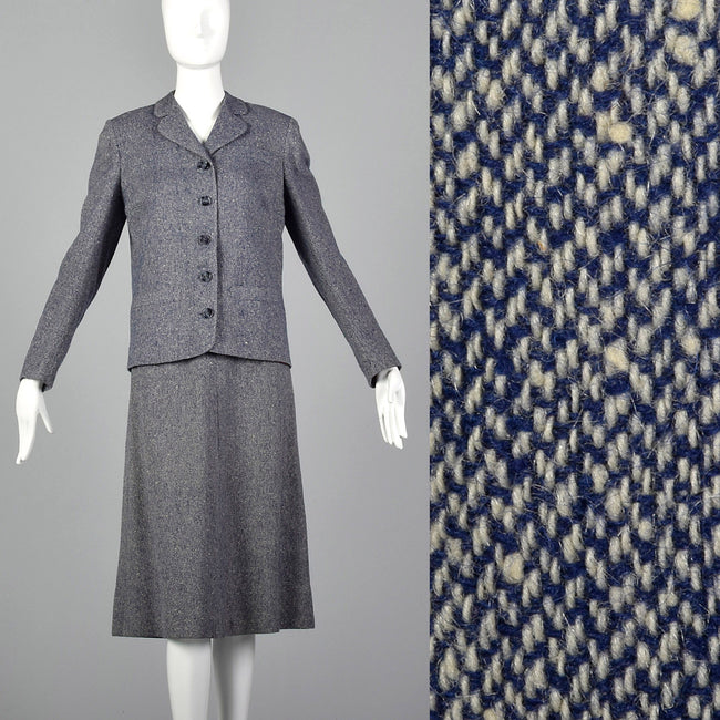 1960s Blue and White Wool Tweed Skirt Suit