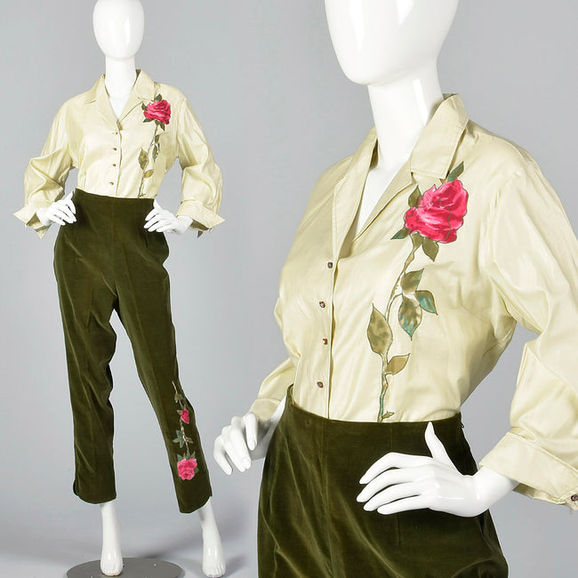1960s Deadstock Rose Applique Pant Set