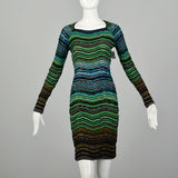 Medium M Missoni Green Knit Dress Blue Striped Long Sleeve