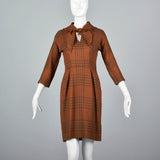 1950s Plaid Wool Dress with Attached Faux Scarf