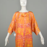 One Size 1970s Orange Yellow Abstract Batik Style Psychedelic Print Dress