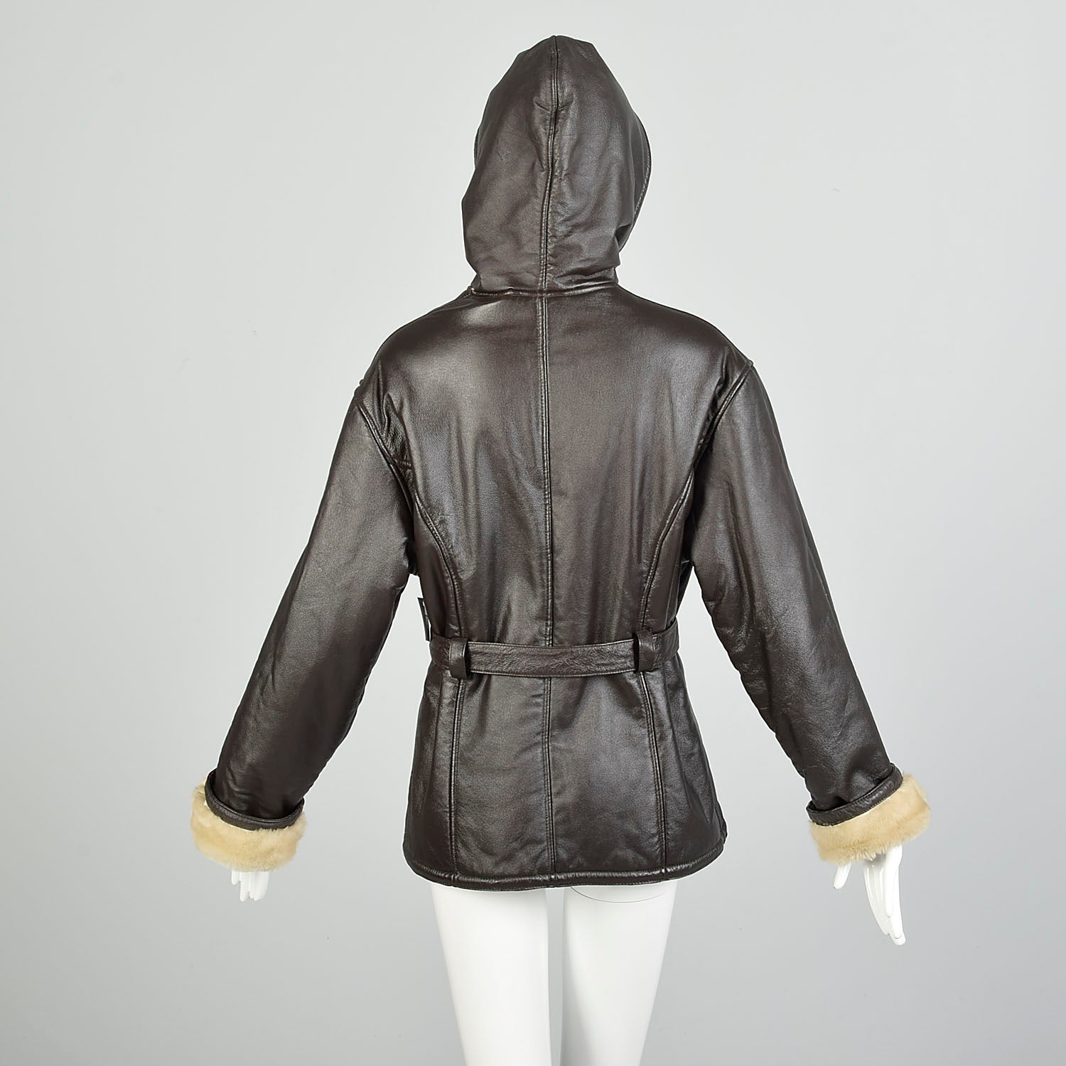 Small 2000s Beige Faux Shearling Lined Brown Leather Jacket Hooded