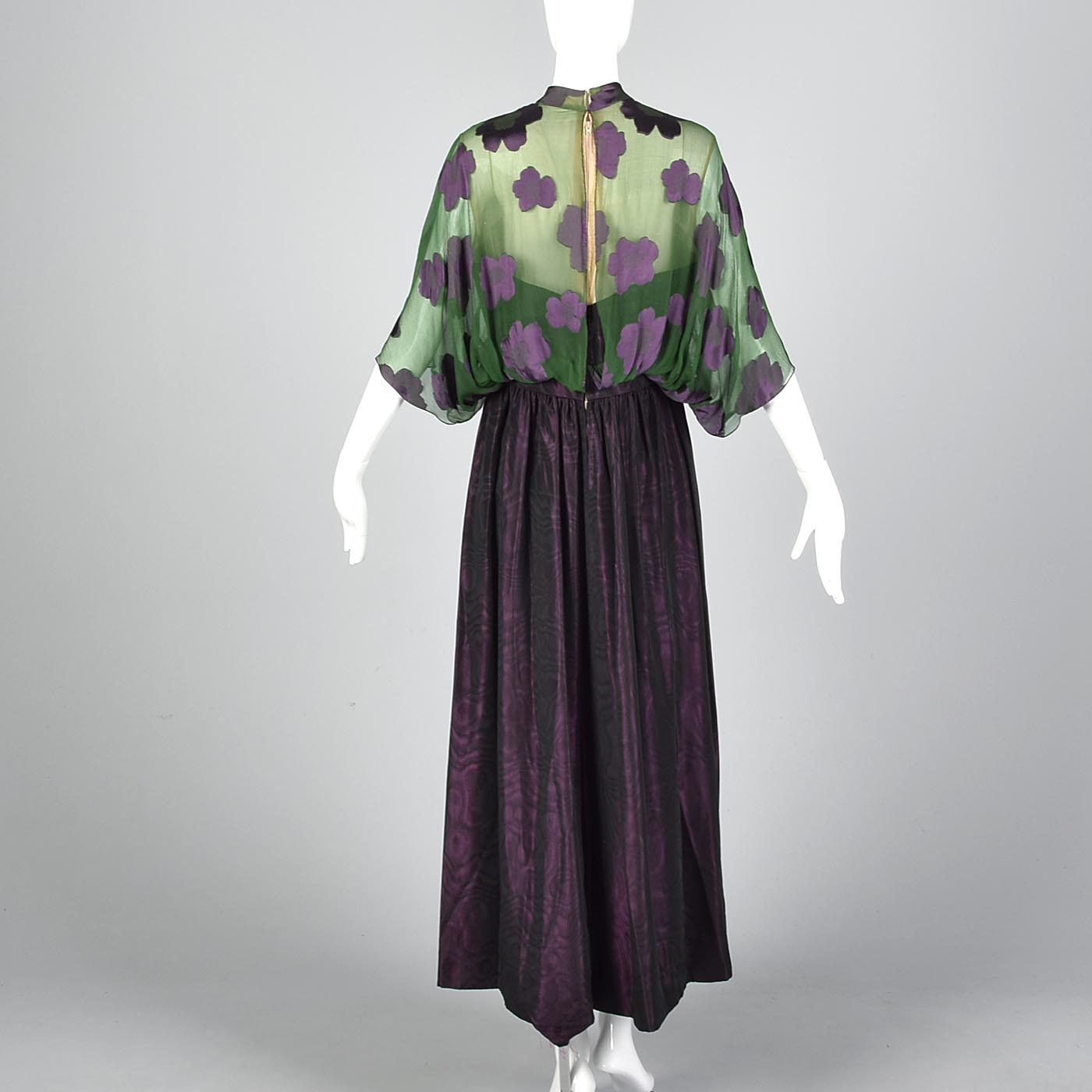 1970s Alfred Bosand Green Silk & Plum Purple Evening Gown