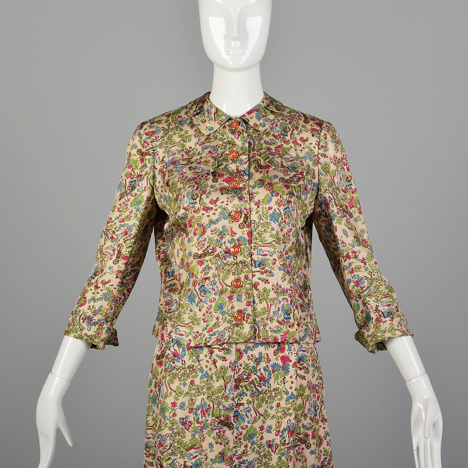 XS 1960s Silk Skirt Suit with Garden Theme Print