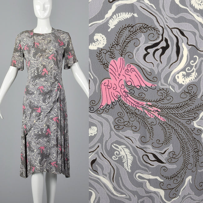 1940s Novelty Print Rayon Dress Gray Swirl with Birds