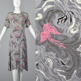 1940s Novelty Print Rayon Dress Gray Swirl with Birds