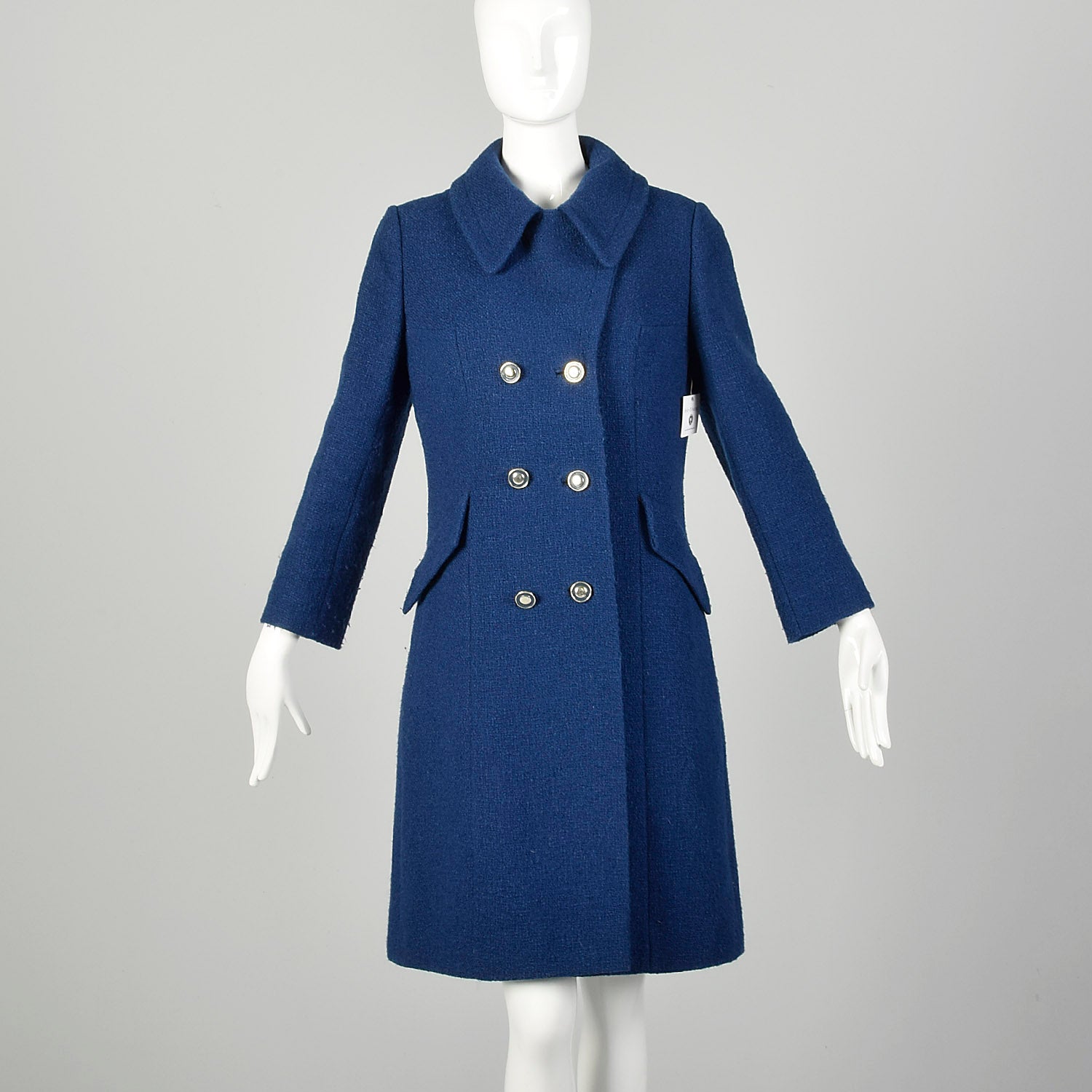 Small 1960s Coat Blue Mod Wool Tweed Double Breasted Winter Outerwear