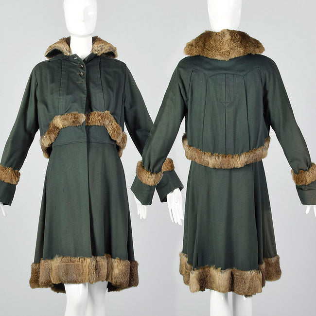 XS 1910s Green Wool Coat with Rabbit Fur Trim