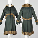 XS 1910s Green Wool Coat with Rabbit Fur Trim