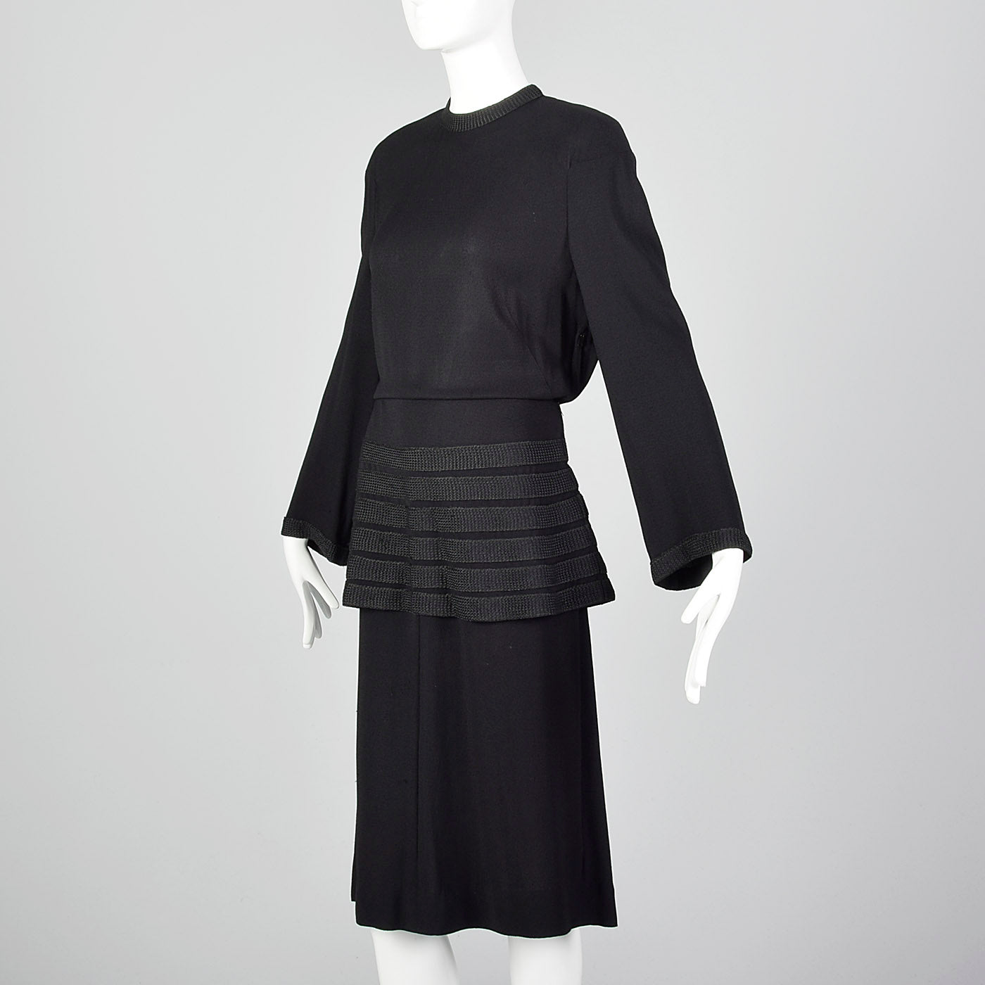 1940s Black Peplum Dress with Woven Stripe Trim