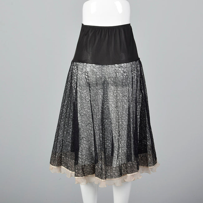 1950s Sheer Black Lace Half Slip with Pink Crystal Pleats
