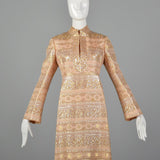 Large 1970s Malcolm Starr Blush Pink Metallic Maxi Dress