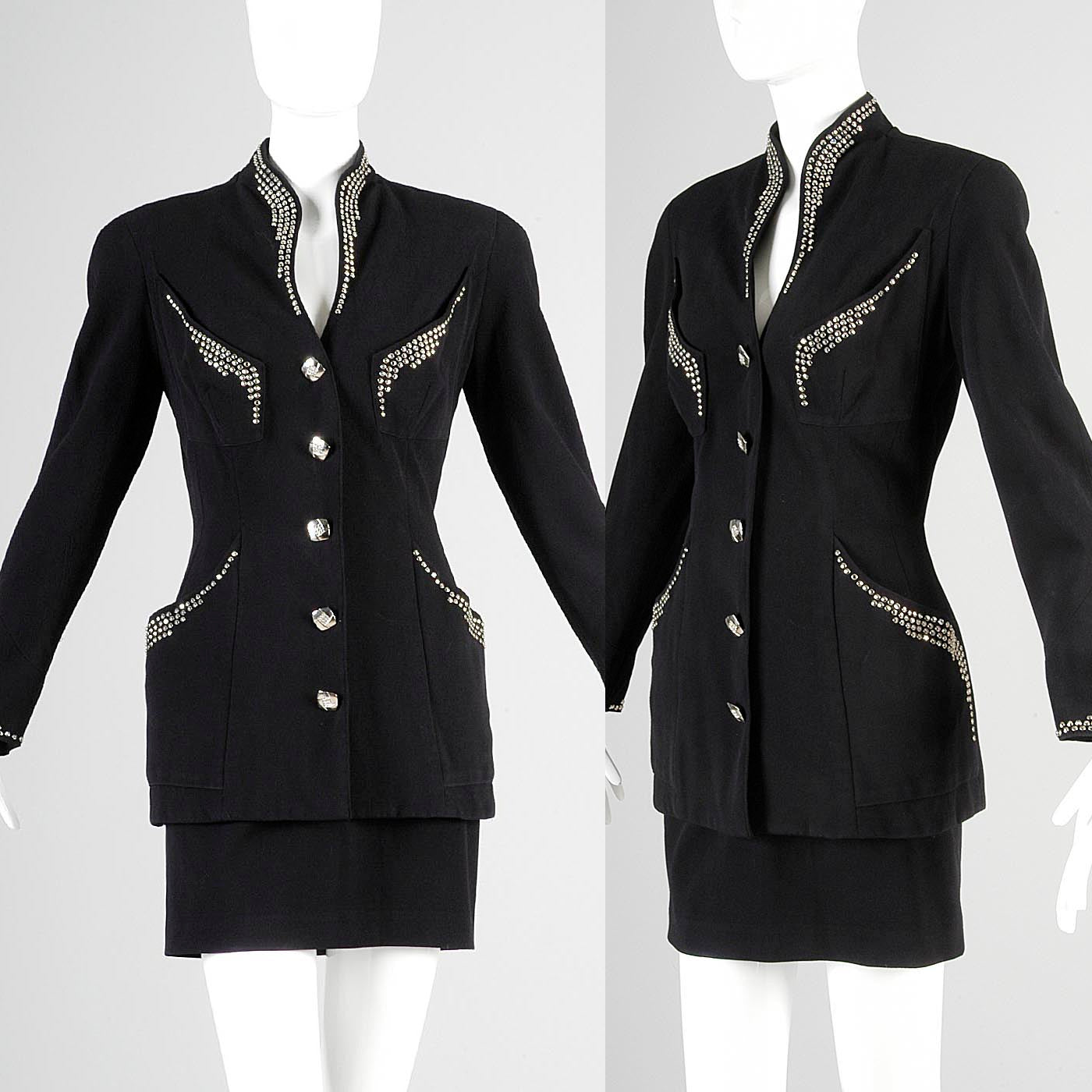 1990s Tadashi Curvy Black Skirt Suit with Silver Studs