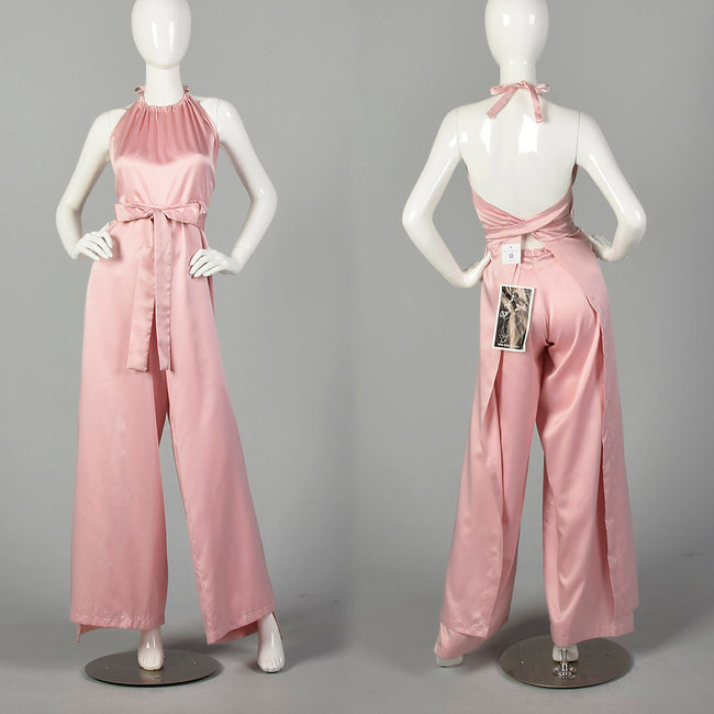 1980s Pink Satin Wrap Jumpsuit Halter Top Harem Palazzo Pant
