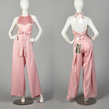 1980s Pink Satin Wrap Jumpsuit Halter Top Harem Palazzo Pant