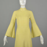 Medium 1970s Boho Dress Hippie Bell Sleeve Sheer Yellow Bohemian Knit