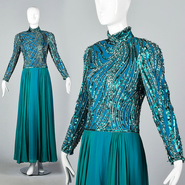 Sequined Bob Mackie Gown with a Layered Silk Chiffon Skirt