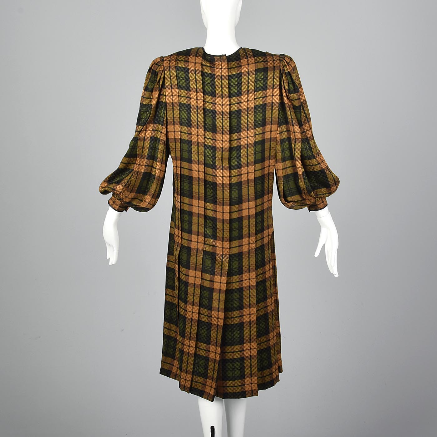 Galanos Pleated Silk Dress in Plaid with Bishop Sleeves