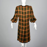 Galanos Pleated Silk Dress in Plaid with Bishop Sleeves