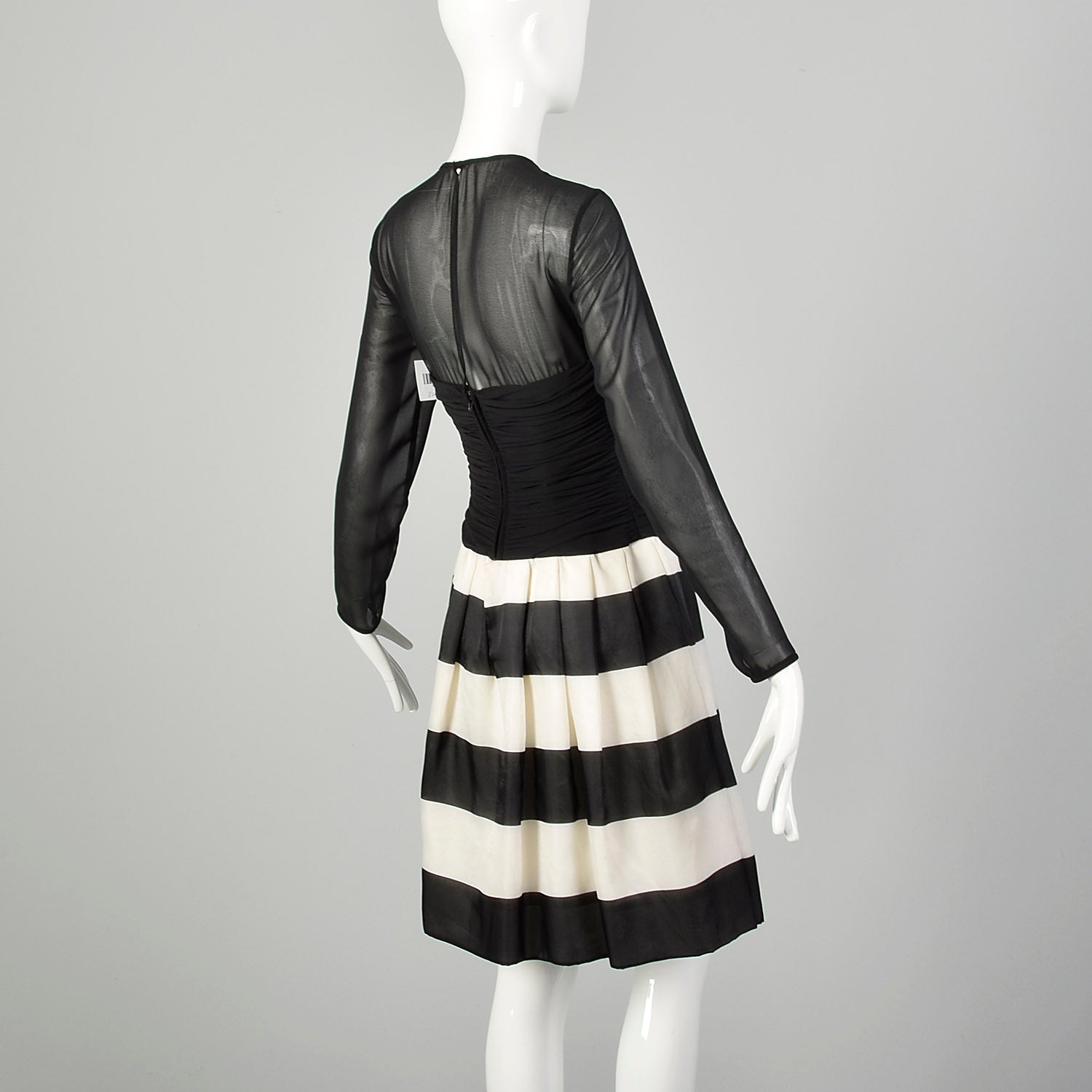 XS 2000s Dress Black Sheer White Stripe Long Sleeve Cocktail Party