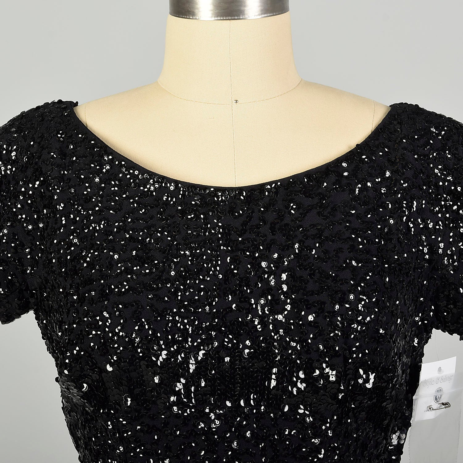 Medium 1950s Black Sequin Dress Evening Sheath LBD Cocktail Party Little Black Dress