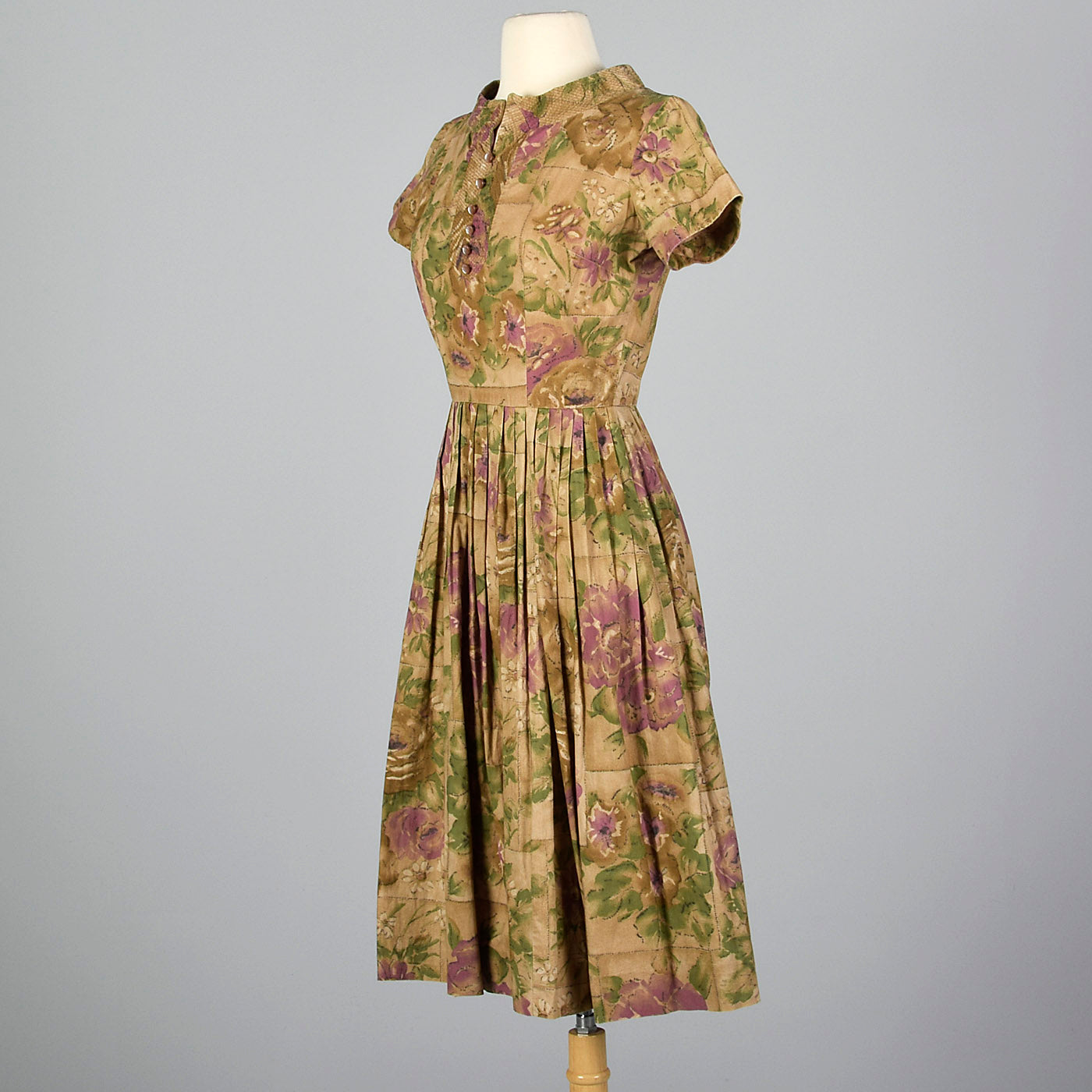 1950s Brown Floral Cotton Day Dress