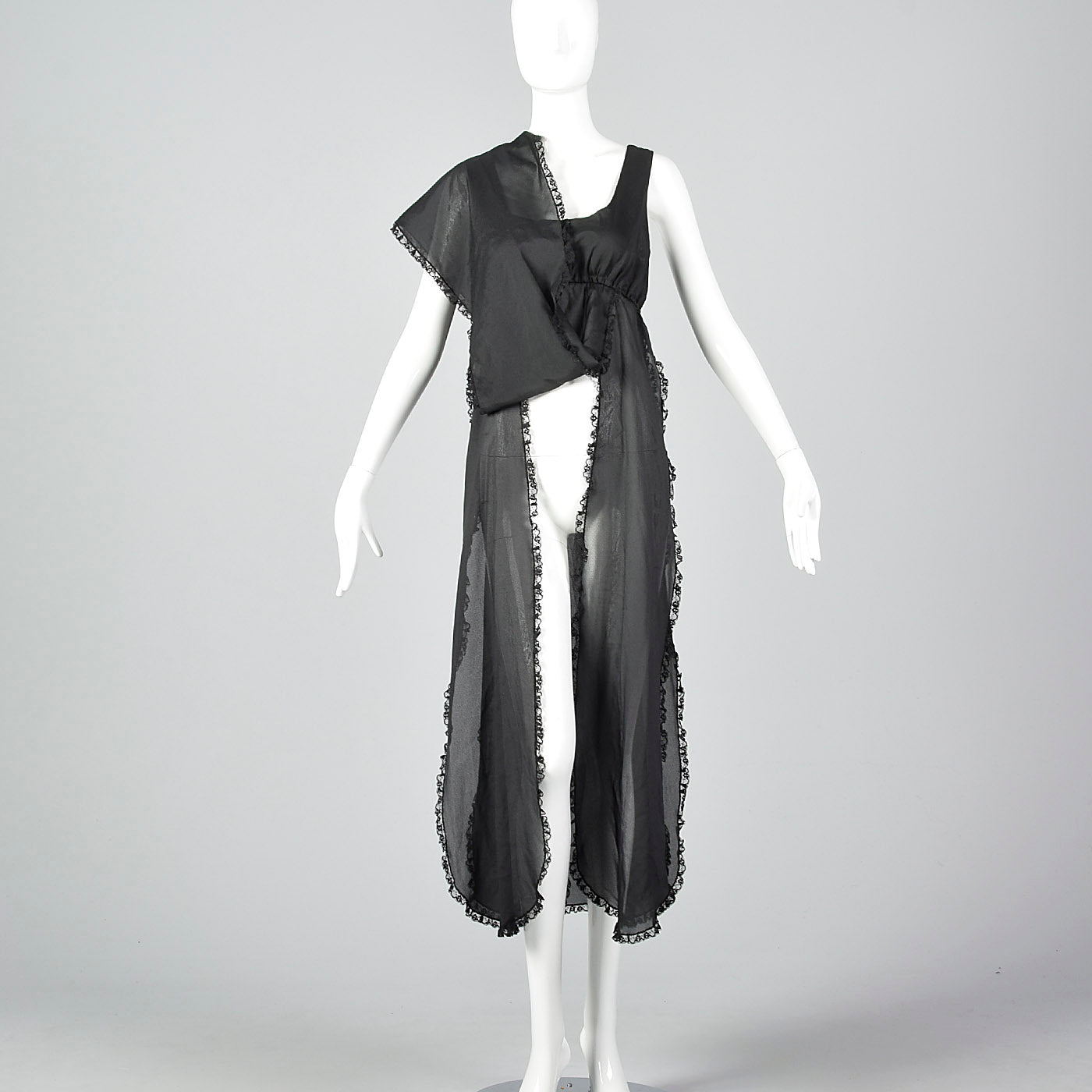 1970s Saks Fifth Avenue Sheer Black Nightgown with Car Wash Hem