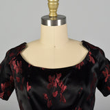 Small Suzy Perette 1950s Dress Black and Red Floral Silk Brocade with Built in Crinoline