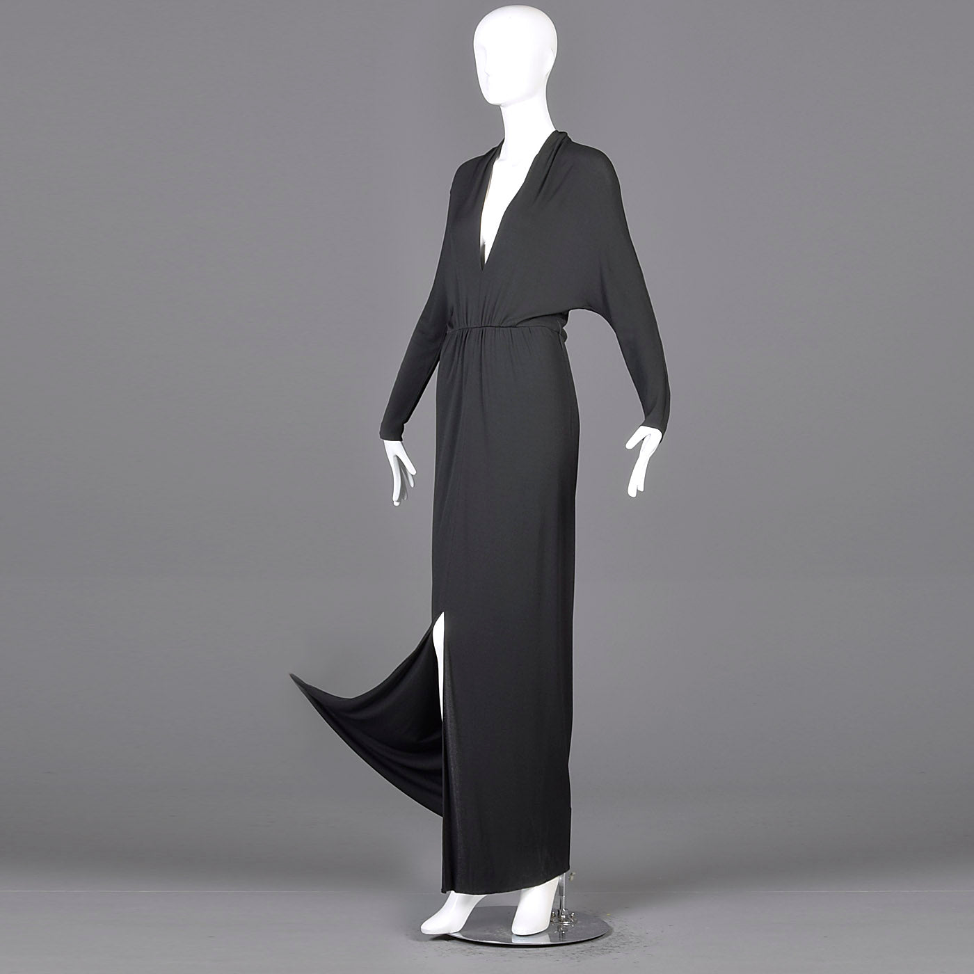 Extraordinary 1970s Bill Tice for Malcolm Starr Black Evening Gown with Plunging Neckline