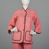 1950s Pink Quilted Pajama Set with Gold Topstitching