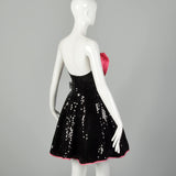 XS 1980s Black Sequin Dress Hot Pink Strapless Cocktail Mini