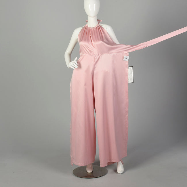 1980s Pink Satin Wrap Jumpsuit Halter Top Harem Palazzo Pant