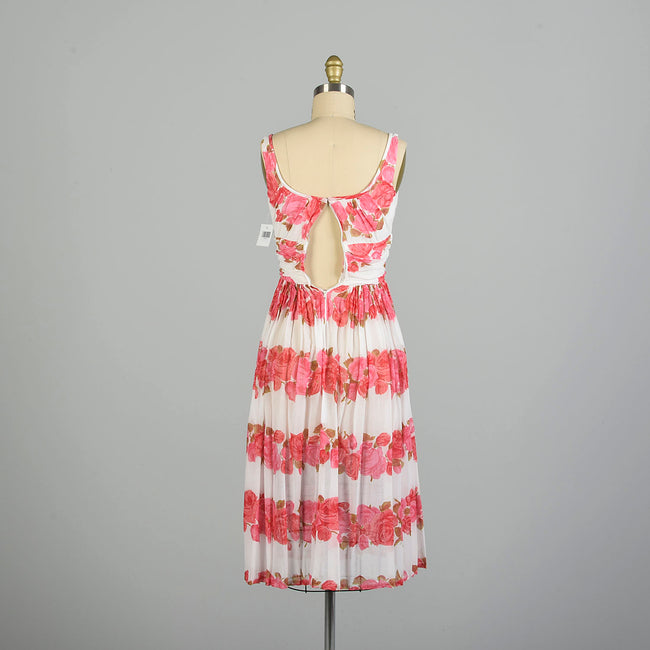 XXS 1950s Sleeveless Flowy Pink Novelty Rose Print Cotton Summer Day Dress