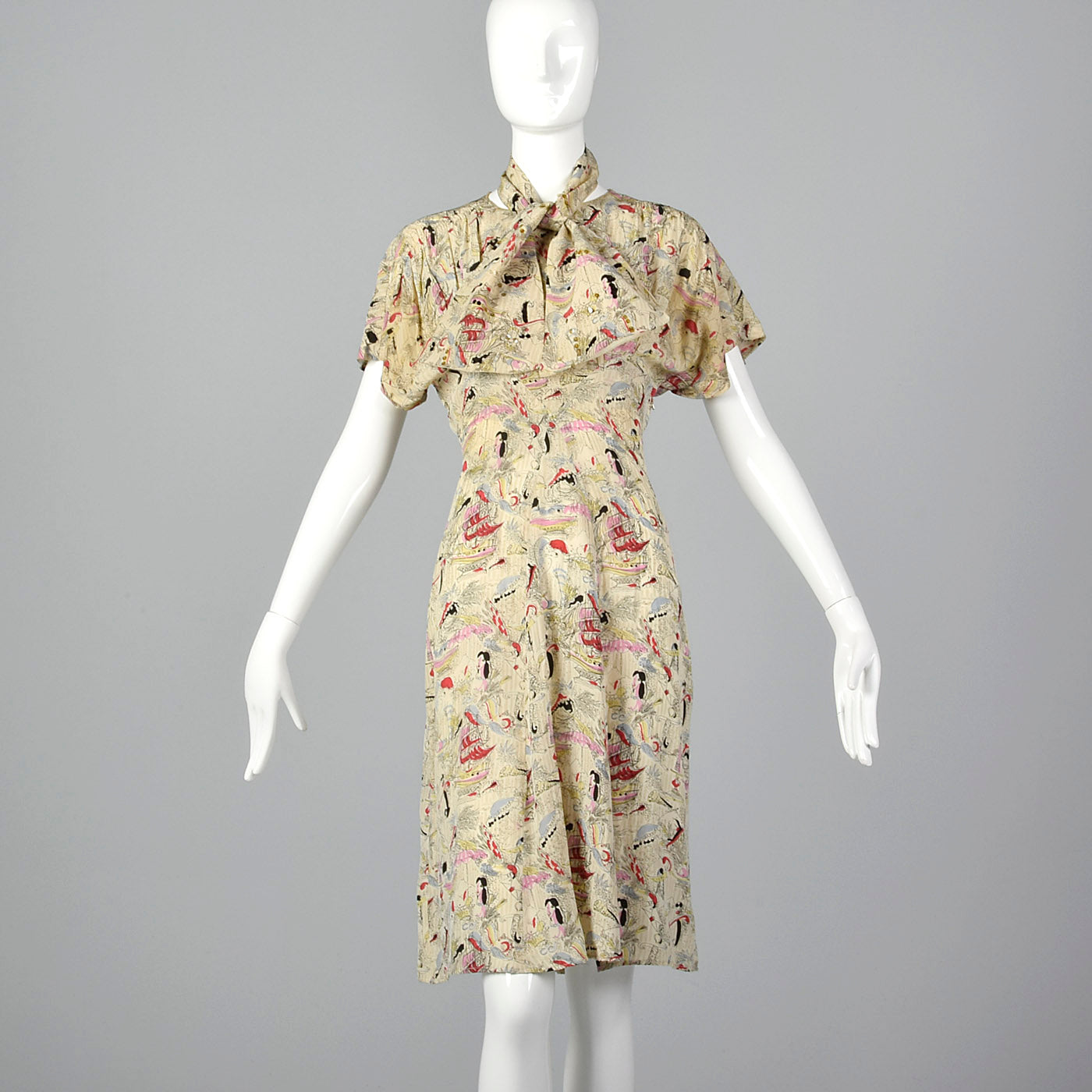 1940s Novelty Print Silk Dress with Neck Tie
