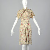 1940s Novelty Print Silk Dress with Neck Tie