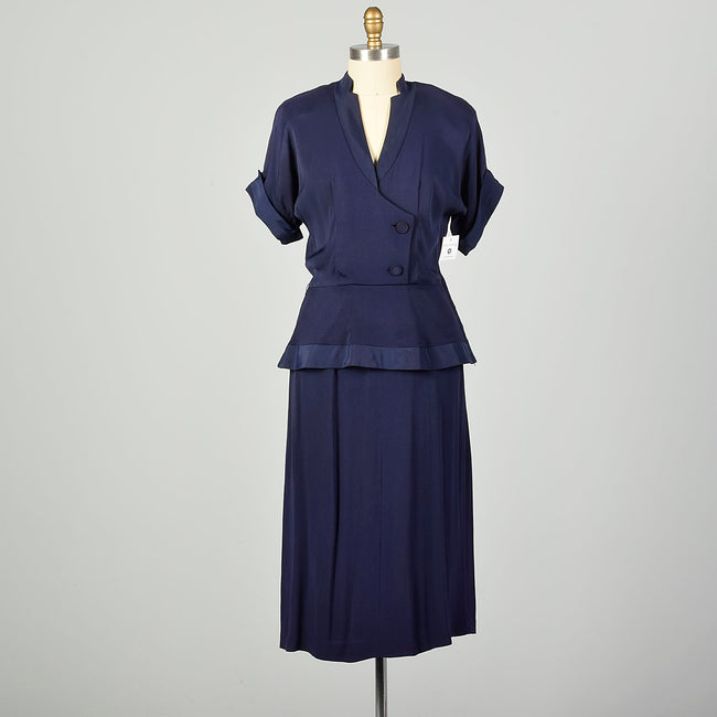 Large 1940s Dress Navy Blue Rayon Peplum Low Cut 'V' Neckline