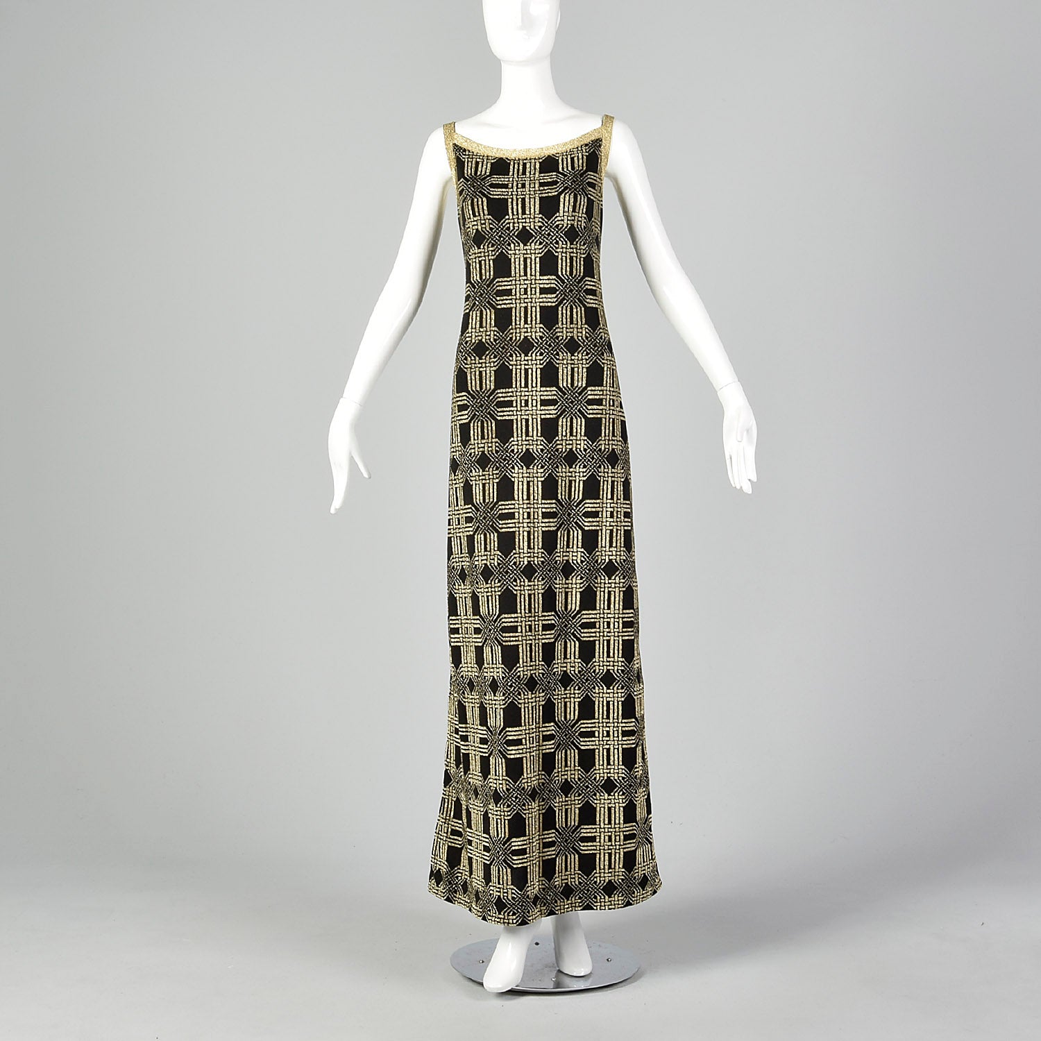 1970s Pierre Balmain Formal Black Maxi Dress with Geometric Gold Lurex Design