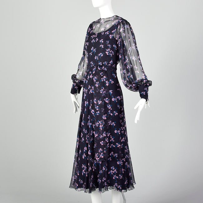 Large-XL Navy Silk Floral Dress