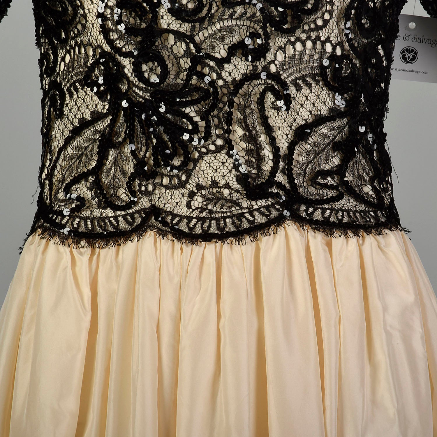 Medium 1980s Alfred Bosand Gown Taffeta Lace Sequin Evening Formal Dress