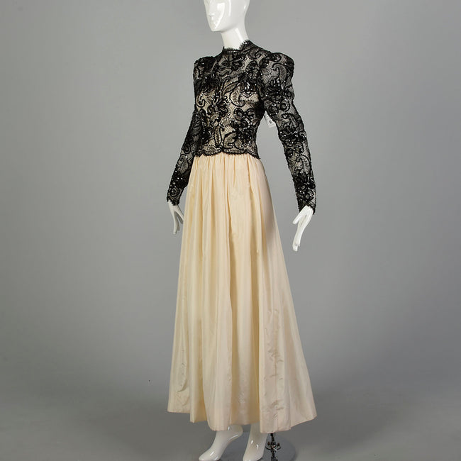 Medium 1980s Alfred Bosand Gown Taffeta Lace Sequin Evening Formal Dress