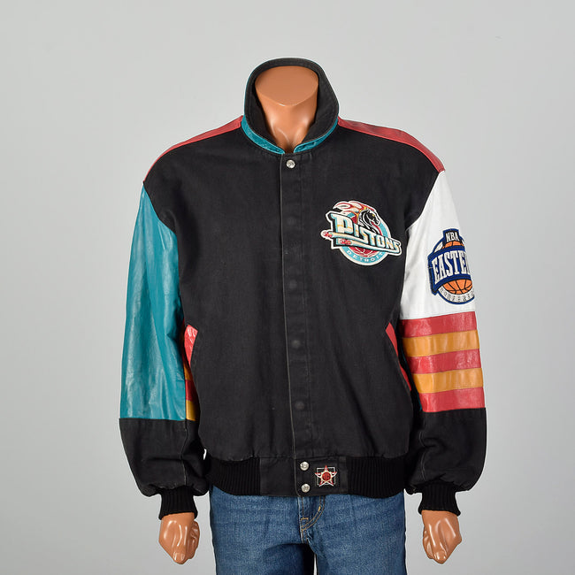 Large Jeff Hamilton 1990s Black Denim and Leather Detroit Pistons Jacket