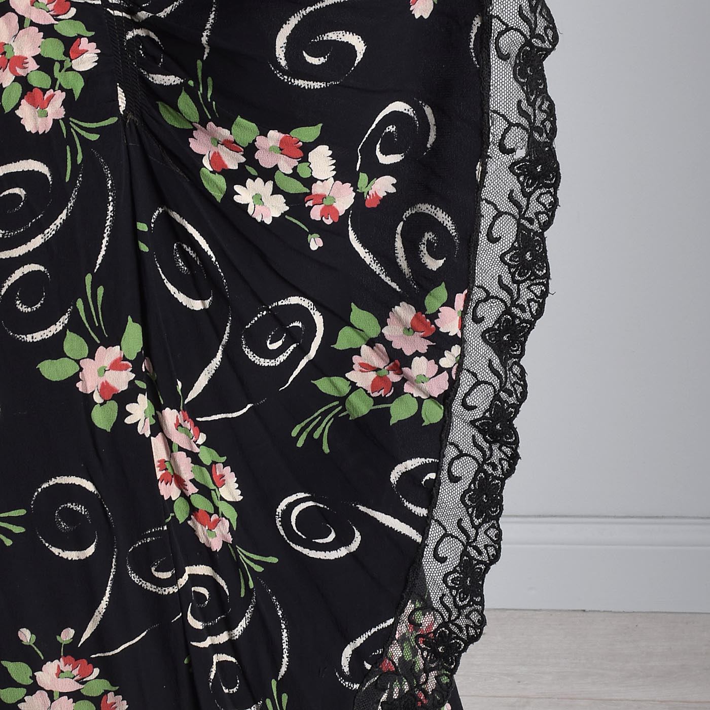 1940s Black Rayon Dress with Floral Print and Hip Sash