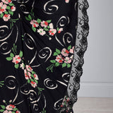 1940s Black Rayon Dress with Floral Print and Hip Sash