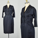 Large 1950s Bonwit Teller Dark Navy Blue Silk Cocktail Dress