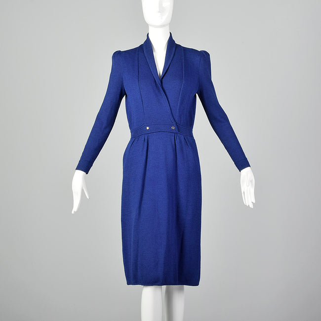 St. John 1980s Blue Faux Wrap Knit Dress