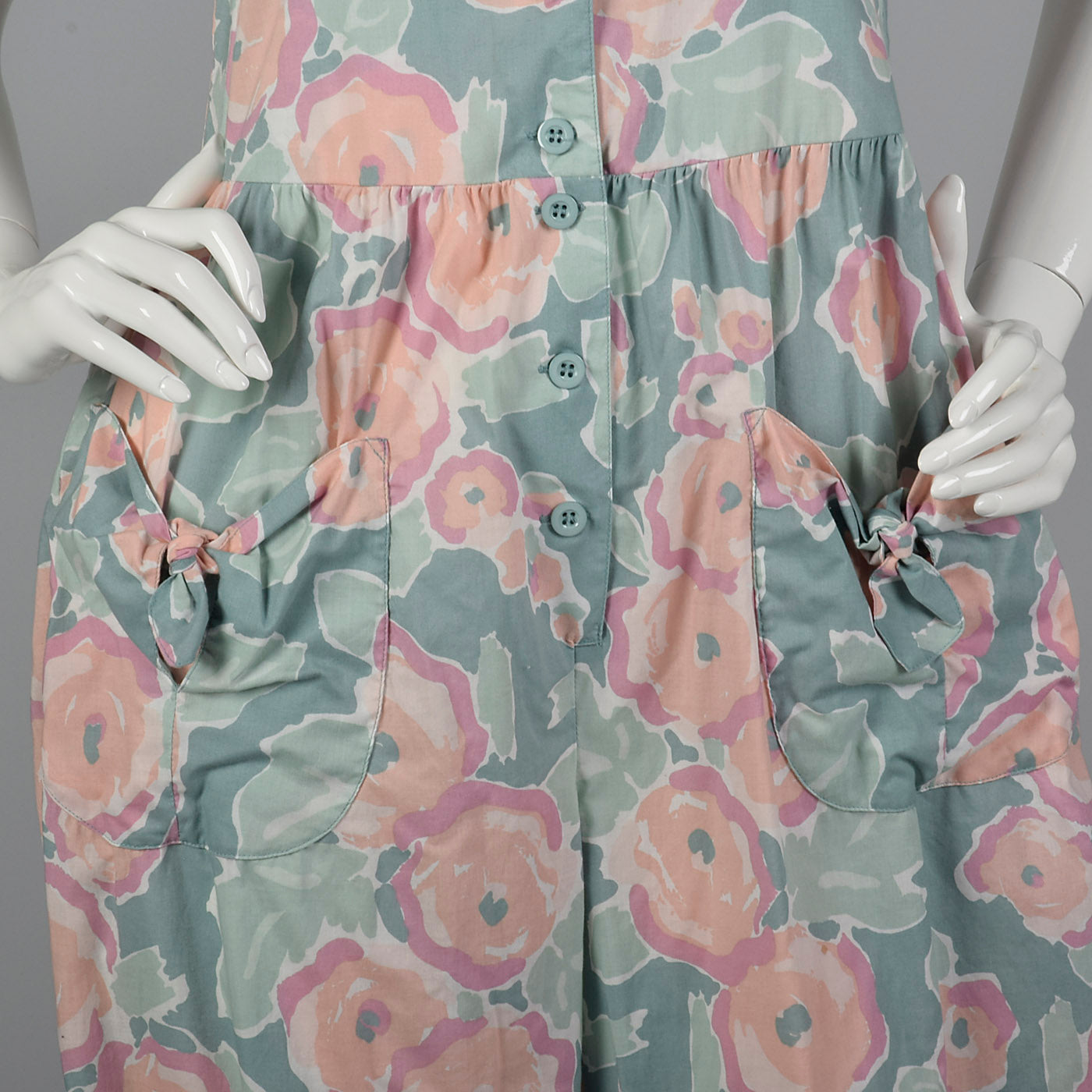 1980s Sage Green Jumpsuit with Pastel Floral Print