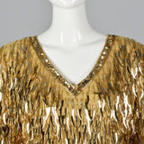 1980s Gold Silk Dress with Dangling Sequin Fringe