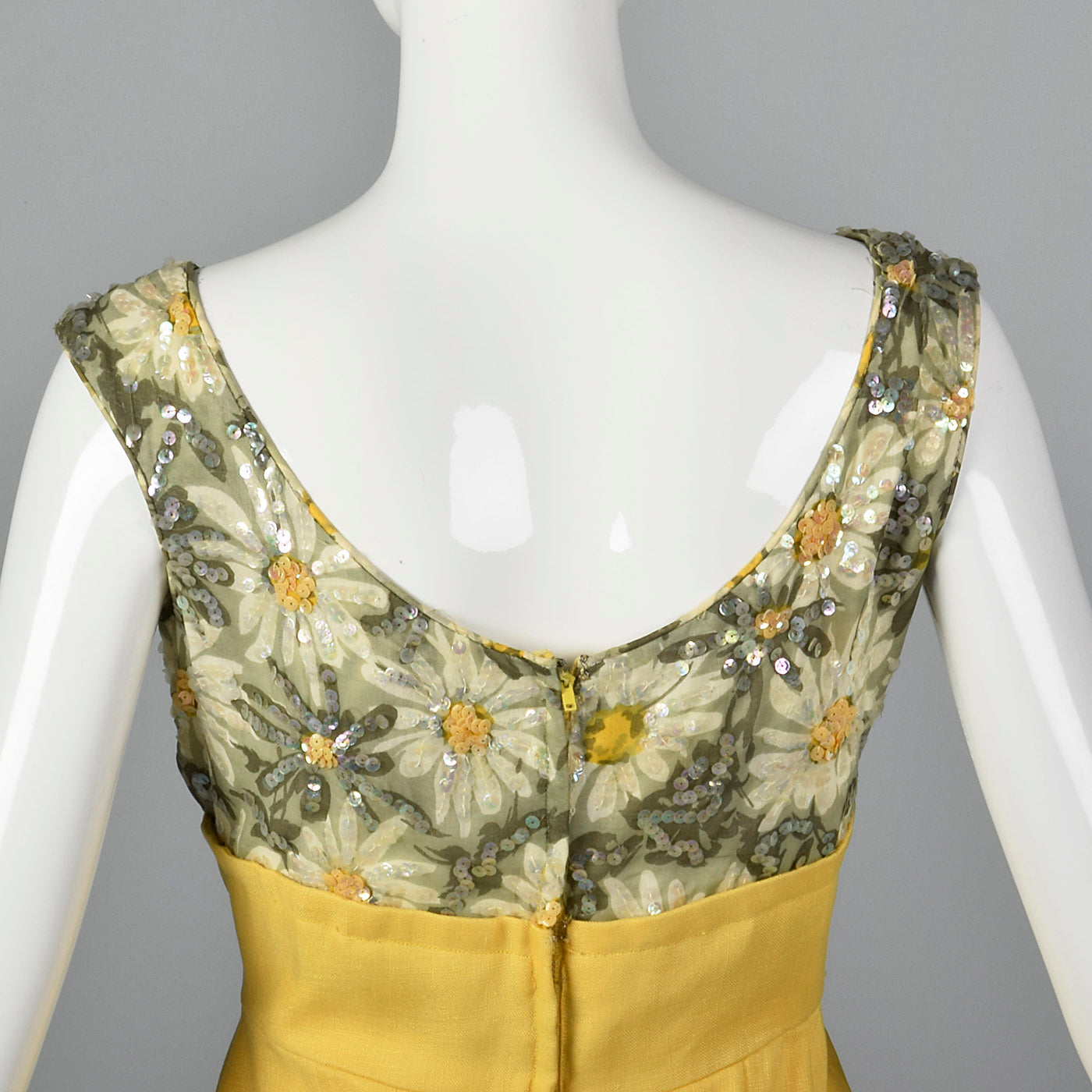 1960s Yellow Linen Dress with Sequin Floral Top