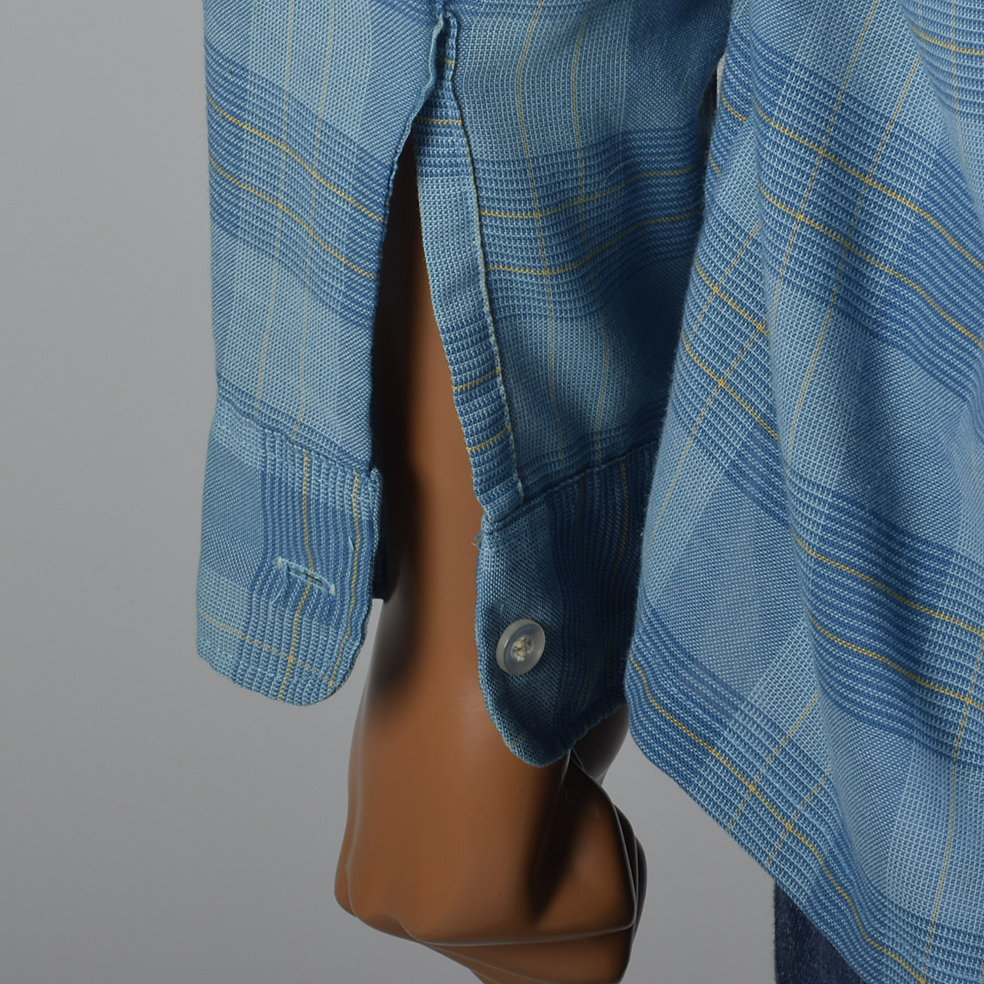 1960s Mens Blue Plaid Shirt with Loop Collar