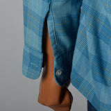 1960s Mens Blue Plaid Shirt with Loop Collar